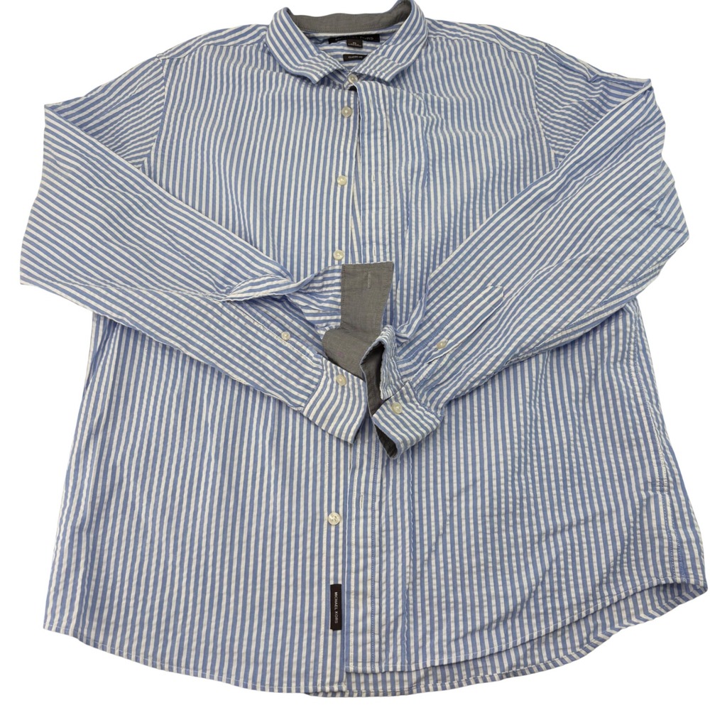 Michael Kors Mens XL Classic Fit Blue White Seersucker Cotton Button Down Shirt
